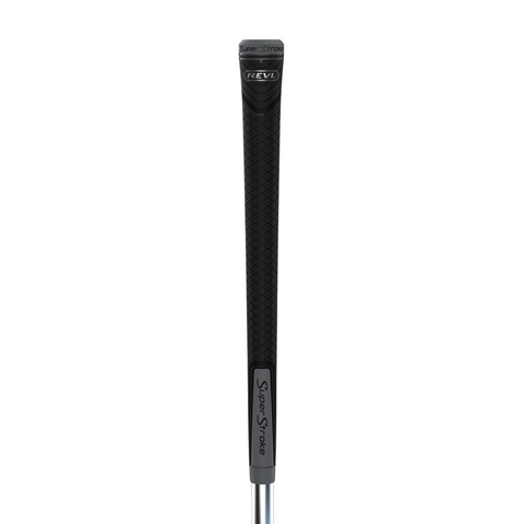 Close-up view of a black SuperStroke REVL Player Club Grip featuring a textured surface, visible SuperStroke branding on the top and side, and a metallic shaft extending below.