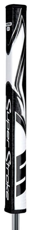 SuperStroke Flatso 2.0 putter grip in black and white, featuring a flat, wide design with the SuperStroke logo running vertically along the grip.