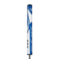 A close-up of the Superstroke Zenergy Tour 1.0 Putter Grip features bold blue and white design, slim tour profile, and distinctive Superstroke branding against a plain white background.