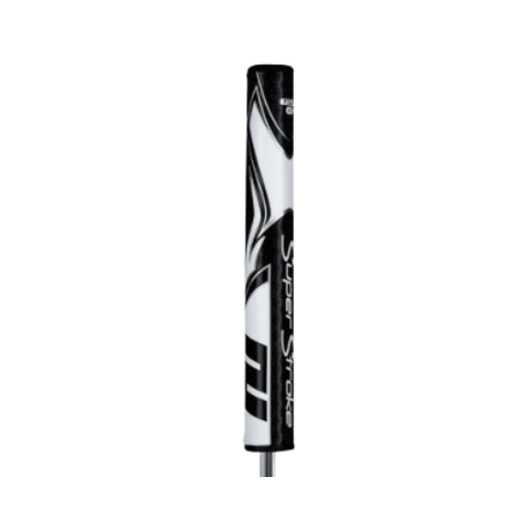 The SuperStroke Zenergy Tour 3.0 Grip is a black and white oversized putter grip featuring bold patterns, no-taper technology, and the Superstroke brand name printed vertically along the side.