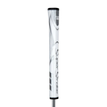 The SuperStroke Zenergy 1.0 Pistol Putter Grip in white with black and silver accents features vertically printed branding and No-Taper Technology for enhanced control, shown against a plain white background.