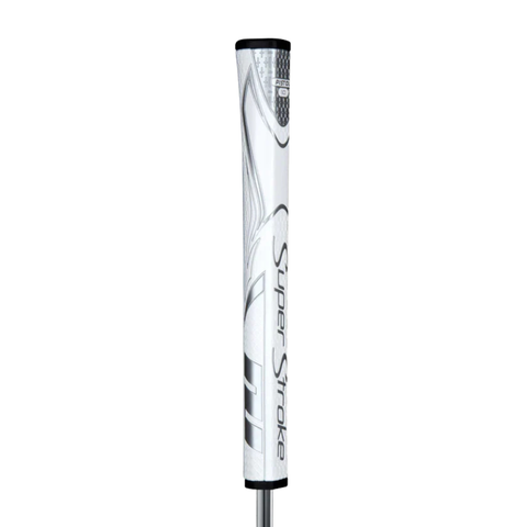 The SuperStroke Zenergy 1.0 Pistol Putter Grip in white with black and silver accents features vertically printed branding and No-Taper Technology for enhanced control, shown against a plain white background.