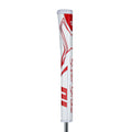 The Superstroke Zenergy Claw 2.0 Putter Grip features a white and red design with bold diagonal lines, unique claw styling, and a textured surface for improved grip control.