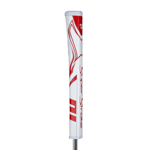 The Superstroke Zenergy Claw 2.0 Putter Grip features a white and red design with bold diagonal lines, unique claw styling, and a textured surface for improved grip control.