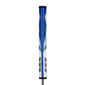 A close-up of the Superstroke Zenergy Flatso 1.0 Putter Grip in blue, white, and black, shown vertically against a white background, highlights this Superstroke grips optimal putter stability.