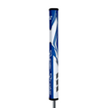 The SuperStroke Zenergy Flatso 1.0 Putter Grip, in blue, white, and silver, is displayed vertically on a plain white background to highlight its stability features.
