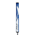 The Superstroke Zenergy Flatso 1.0 Putter Grip by Superstroke features a blue, white, and silver bold angular design for enhanced stability, shown vertically against a white background.
