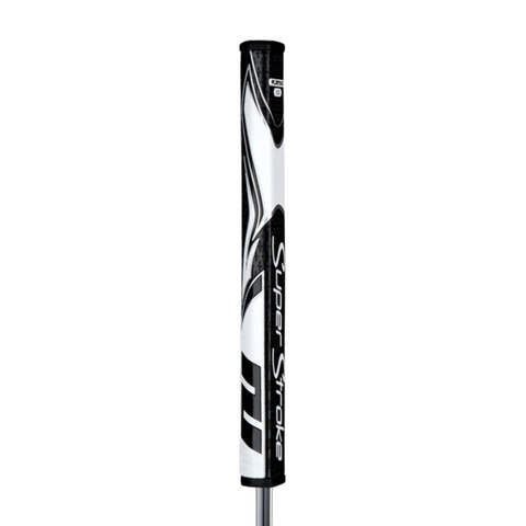 The Superstroke Zenergy Flatso 1.0 Putter Grip in white and black features bold diagonal graphics, Superstrokes signature grip design, and the brand name printed vertically for improved putter stability.