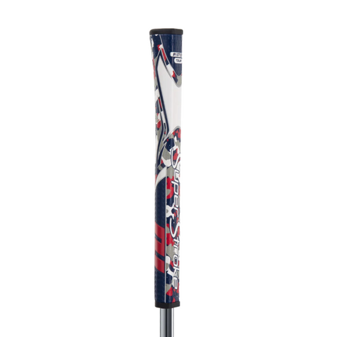 Close-up of a handle with a red, white, and blue design and "Super Z" on the grip, resembling the pistol-style grip found on Superstroke Zenergy Pistol Tour Putter Grips by Superstroke.