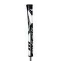 A close-up of a Superstroke Zenergy Pistol Tour Putter Grip in black and white, showcasing a bold geometric pattern and the Superstroke brand name displayed vertically.