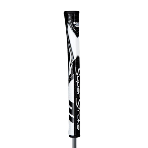 A close-up of a Superstroke Zenergy Pistol Tour Putter Grip in black and white, showcasing a bold geometric pattern and the Superstroke brand name displayed vertically.