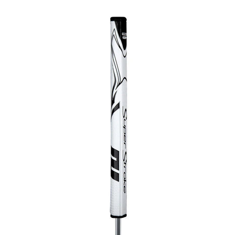 The Superstroke Zenergy Tour Plus 2.0 XL Putter Grip, white with black accents and branding, stands vertically against a plain white background.