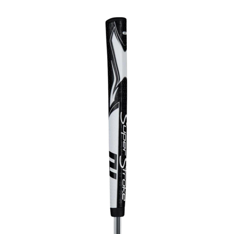 SuperStroke Zenergy Pistol Tour 1.0 putter grip in black and white, featuring a textured, patterned design with the SuperStroke logo running vertically along the grip.