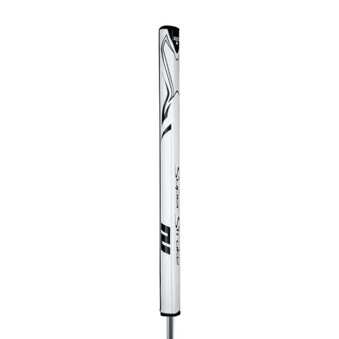 The SuperStroke Zenergy Flatso 2.0 XL Plus Putter Grip by Superstroke features a wide flat-top profile in black and white, vertical "Super Stroke" branding, and subtle geometric accents for a sleek design.