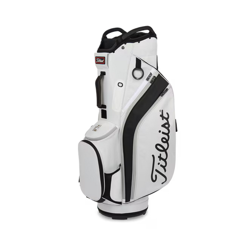The Titleist Cart 14 Lightweight Golf Bag by Titleist, in white with black accents and multiple zippered pockets, stands upright against a plain white background with the Titleist logo on its side.