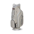 A Titleist Cart 14 Lightweight Golf Bag by Titleist in beige, featuring multiple zippered pockets and a black side handle with the brand logo on the side, stands upright against a white background.