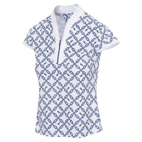 Front view of the Greg Norman Women’s Taormina Cap Sleeve Golf Polo, featuring an all-over interlocking geometric pattern in navy and light blue with subtle green accents on a white background. The polo has a sleek zippered neckline, a structured collar, and cap sleeves, offering a refined yet athletic look.