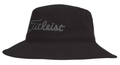 The Titleist 2023 Stadry Bucket Hat is a waterproof black hat with a wide brim and large, cursive Titleist embroidery on the front—perfect for staying dry on rainy days.