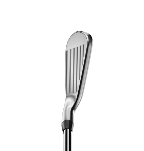 Close-up of the Titleist 2023 T350 Mens Graphite Irons Set (5-PW) head, angled upward to highlight its horizontal grooves—a highly forgiving Titleist iron designed for high launch—set against a plain white background.