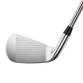 A close-up of the Titleist 2023 T350 Mens Graphite Irons Set (5-PW) club head with a shiny finish and grooves against a white background—ideal for golfers seeking forgiving, high-launch irons by Titleist.