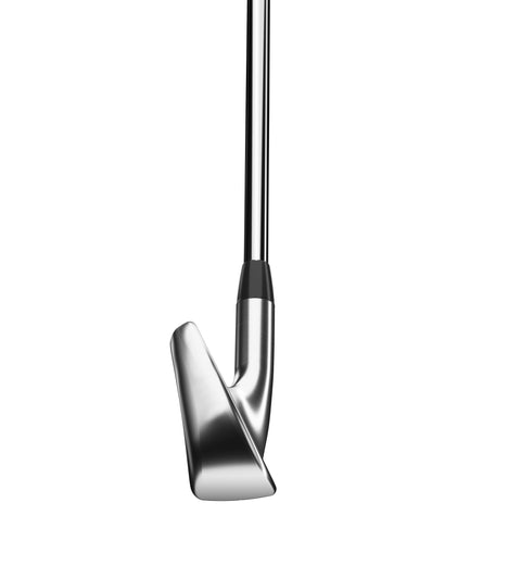 A close-up of the Titleist 2023 T350 Mens Graphite Irons Set (5-PW) shows its sleek, reflective head and sharp edges, isolated on a white background—ideal for golfers wanting forgiving irons.