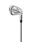 The Titleist 2023 T350 Mens Graphite Irons Set (5-PW) features a sleek silver clubhead and shaft on a white background, highlighting the Titleist branding—ideal for golfers seeking forgiving irons with high launch.