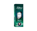 A box of Titleist 2024 AVX Golf Balls in white, a premium low spin ball by Titleist, features #1 ball in golf text and displays a visible golf ball behind a cut-out window on the front.