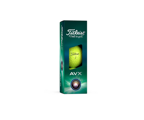 A green box of Titleist 2024 AVX Golf Balls in yellow, with one low spin yellow ball visible through a clear window. The packaging features the Titleist logo and the 1 ball in golf slogan.