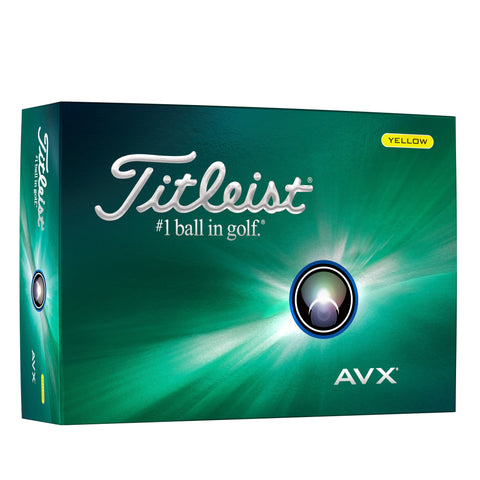 A green box of Titleist 2024 AVX Golf Balls | Yellow by Titleist features a glowing sphere graphic, “#1 ball in golf” branding, and a small yellow label highlighting its low spin and vibrant yellow color.