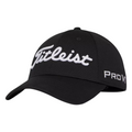 The Titleist 2024 Tour Elite Cap features classic black styling with the iconic white Titleist logo on the front and PRO V1 on the side—a must-have tour-level golf hat from Titleist for every golfer.