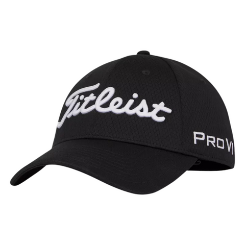 The Titleist 2024 Tour Elite Cap features classic black styling with the iconic white Titleist logo on the front and PRO V1 on the side—a must-have tour-level golf hat from Titleist for every golfer.