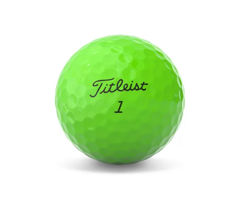 A bright green Titleist 2024 Tour Soft Golf Ball with the number 1 under the brand name is shown against a white background, designed for high visibility.