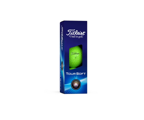 A rectangular blue box of Titleist 2024 Tour Soft Golf Balls features a high visibility green ball and prominent Titleist branding on the packaging.