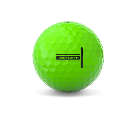 The Titleist 2024 Tour Soft Golf Ball in bright green features signature dimples and a black Tour Soft alignment line