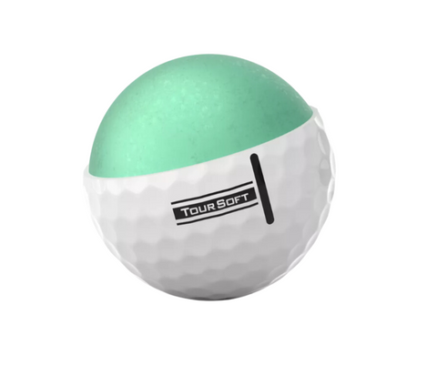A white dimpled Titleist 2024 Tour Soft Golf Ball is partially cut to show its green core. The outer layer features a black TOUR SOFT stripe, emphasizing real feel and long carry. Set against a white background.