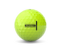 A Titleist 2024 Tour Soft Golf Ball in bright yellow, featuring a dimpled surface and the TOUR SOFT logo, is displayed against a plain white background.