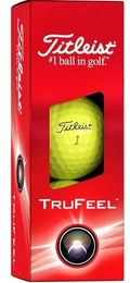 A red box of Titleist 2024 TruFeel Golf Balls | Yellow features a window showing a yellow Titleist 1 ball. The packaging displays the prominent Titleist logo and promotes the brand as the #1 ball in golf.