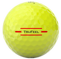 A yellow Titleist 2024 TruFeel golf ball with a dimpled surface and TruFeel in black between two red lines on its side.