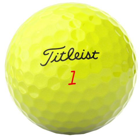 The Titleist 2024 TruFeel Golf Ball in yellow features a dimpled texture, black Titleist script, and red number 1—ideal for players who want soft, high-visibility golf balls.
