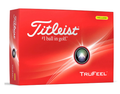 A red box of Titleist 2024 TruFeel Golf Balls | Yellow by Titleist, featuring a circular graphic and #1 ball in golf, with YELLOW marking the soft yellow golf balls inside.