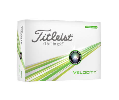A box of Titleist 2024 Velocity Golf Balls in green, with mainly white packaging and green accents. Features the Titleist logo, “#1 ball in golf,” a green-striped design—ideal for golfers seeking long-distance performance.
