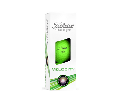 A white box of Titleist 2024 Velocity Golf Balls from Titleist features a green golf ball (number 00) visible through a clear window, with green graphic accents on the packaging.