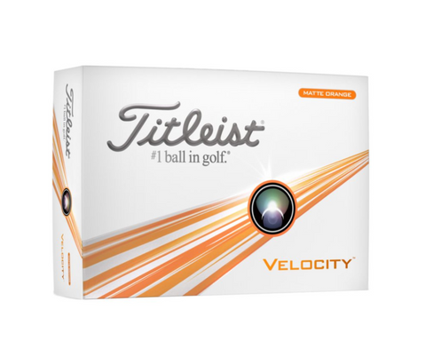 The Titleist 2024 Velocity Golf Ball in orange, featuring the Titleist logo and #1 ball in golf slogan on a white box with orange accents, is designed for long-distance performance.