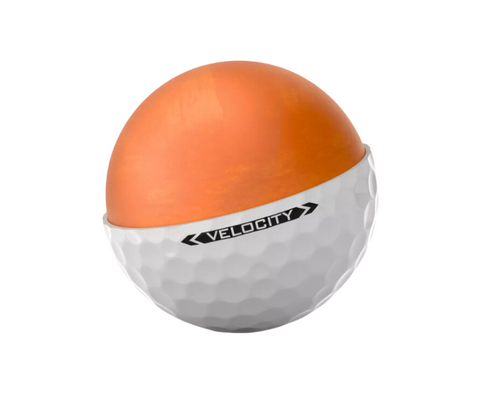A spherical object, bottom half white and dimpled like a golf ball with “Velocity” label—echoing the Titleist 2024 Velocity Golf Ball by Titleist—and a smooth orange top, set against a white background.