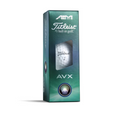 A green and blue box of Titleist 2025 AVX Aim 360° Golf Balls, labeled #1 ball in golf, features a window displaying a white ball marked Titleist 1, designed for premium distance and precise 360° alignment.