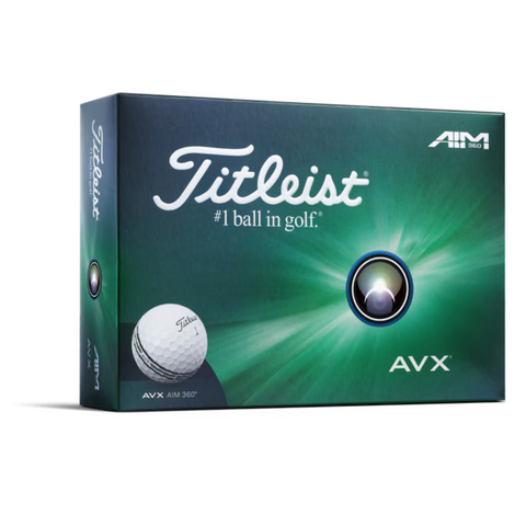 A green box of Titleist 2025 AVX Aim 360° Golf Balls displays the Titleist logo, #1 ball in golf text, and a golf ball with AVX AIM 360° Alignment for premium distance and accuracy.