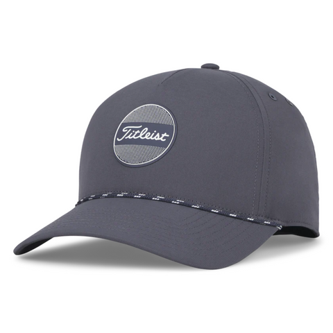 The Titleist 2025 Boardwalk Rope Cap is a gray golf cap with a curved brim, decorative stitching, stylish rope accent, and a round Titleist logo patch on the front.