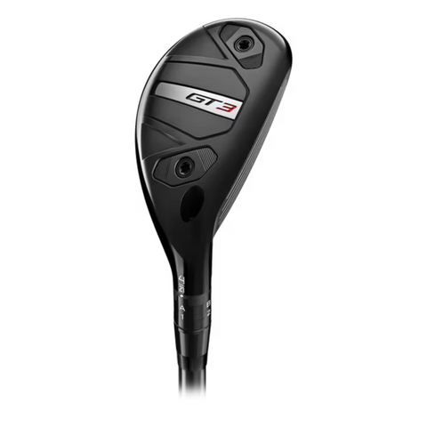 The Titleist GT3 Hybrid 2025 features a black club head with red and white GT3 label, silver accents, two visible screws, tour-inspired design, and an adjustable hosel—all shown against a white background.