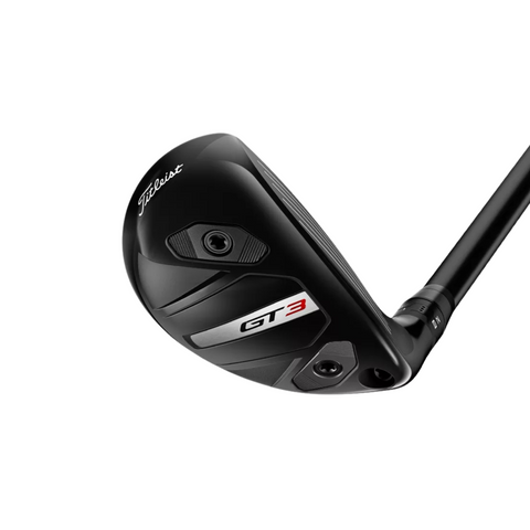 A close-up of the Titleist GT3 Hybrid 2025 club head, showcasing metallic accents, Titleist branding, and an adjustable hosel on a white background.