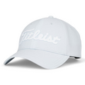 The Titleist 2025 Players Performance Ball Marker Cap in light grey features white embroidered Titleist branding and a magnetic ball marker, displayed at an angle on a plain white background.